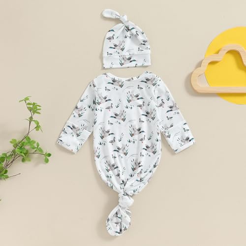 MAINESAKA Newborn Baby Knotted Gown Long Sleeve Mallard Duck Hunter Sleeping Bag with Hat Boys Girls Coming Home Outfit3
