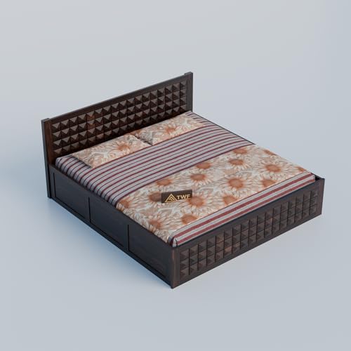 Image of Solid Sheesham Wood Queen Size Bed with Storage Box | Wooden Double Bed for Bedroom | Diamond Design Double Bed Cot Palang for Home | Rosewood, Walnut Finish
