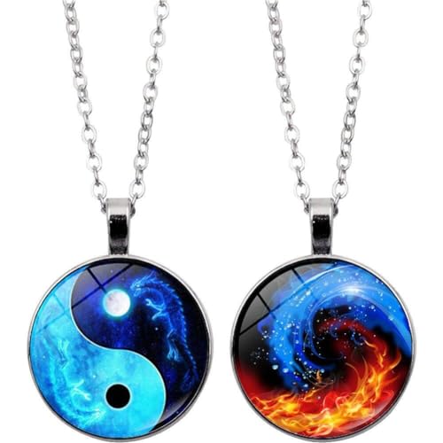 Lpitoy Collier Yin Yang Tai avec Pendentif Lune Dragon en Verre cabochon, chaîne de Cristal, Collier pour Hommes et Femmes