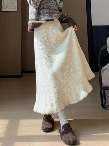 Women's Thick Knitted Mid-Length Skirt High Waist Tassel Large Swing A-Line Long Skirt3