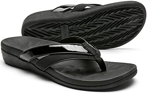 Ladies Arch Support Flip Flops for Dress, Soft Toe Post Thong Sandals for Plantar Fasciitis, Casual Slippers with Anti Slip Rubber Outsole, Cushioned Sandals for Flat Feet Black Size10