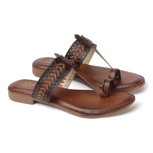 Image of Women's Kolhapuri Chappal Flats | Two-Tone Leatherette Ethnic Sandals with Toe Ring | Comfortable Handcrafted Traditional Slip-On Slippers for Ladies