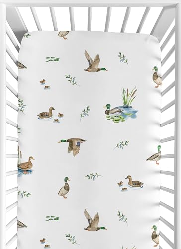 Image of Sweet Jojo Designs Fitted Baby Crib Sheets (Mallard Duck Cottagecore) for Girls /Boys, Infant Nursery, Toddler Room - Standard Size (Watercolor Ducks, Nature, Wildlife, Pond, Lake, Ducklings Lily Pads)