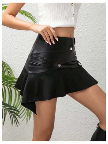 MakeMeChic Women's Summer PU Leather Mini Skirt Ruffle Hem Street Party Asymmetrical Short Skirts4