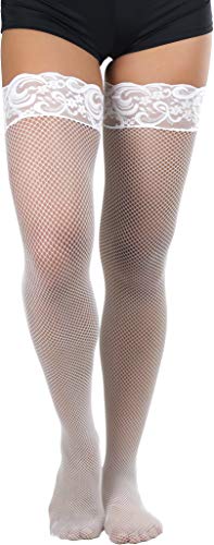 Image of ToBeInStyle Women's Wide Floral Lace Fishnet Thigh Hi Stockings