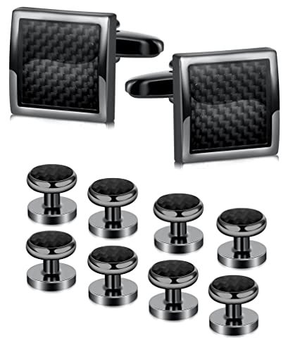 10Pcs Cufflinks for Men Classic Design Carbon Fiber Cufflinks Tuxedo Shirt Stud Set for Wedding Business Birthday Meeting Black Tone Cufflinks