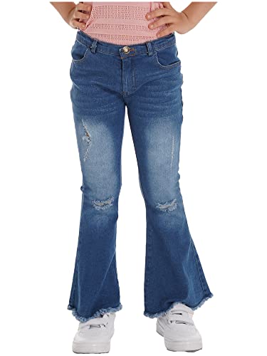 Girls Ripped Flare Jeans Elastic Waist Leggings Bell Bottom Pants Casual Destroyed Wide Leg Denim Trousers3