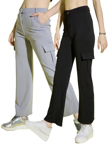 Image of DIMPY GARMENTS Full Length Straight Fit Solid Cargo Pants | Women Casual Pant Combo-Pack of 2