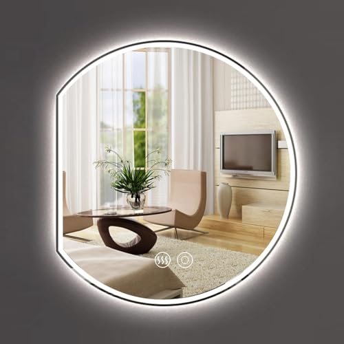 Espejo de baño medio redondo iluminado con luz antivaho, espejo de maquillaje inteligente con iluminación de 3 colores, decoración de pared moderna sin marco, opciones versátiles para colgar para