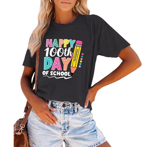 Image of 100th Day of School Shirt for Women Teacher Graphic T-Shirt Funny Teach Short Sleeve Tee Tops