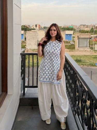 Image of ANNI Designer Farshi Salwar Suit for Women Cotton Printed | Co Ord Set for Woman | Straight Kurta Palazzo Outfit Mandarin Collar Sleeveless Ethnic Dress Womens Clothing