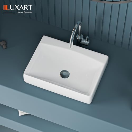 Image of LUXART Ceramic Wall Mount & Table Top Bathtroom Basin - 22 x 16 x 5 Inc Glossy Finish Wall Hung & Countertop Designer Vessel Sink - Over counter Wash Basin For Hotel Home Living Room