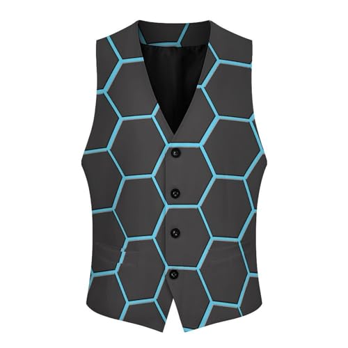 Black And Blue Hexagon Men's Suit Vest Slim Fit V-Ncek Waistcoat Business Casual Vest4