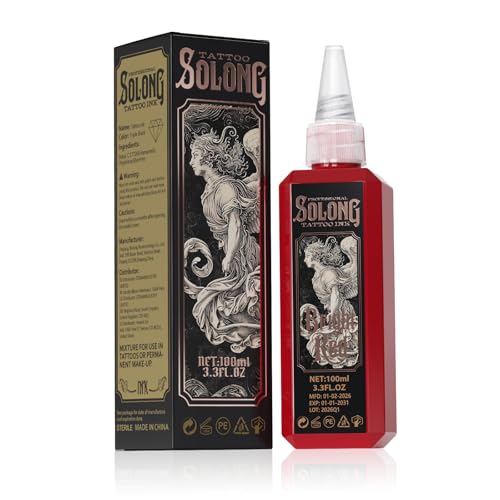 Tattoo Ink Solong S Series 3.4oz(100ml) Professional Bright Red Tattoo Ink for Outlining Shading and Blending-Red Ink Tattoo Supplies TI303S-100-007