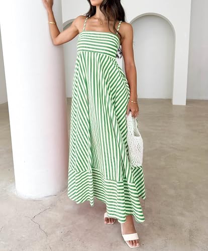Image of NUFIWI Women Summer Striped Maxi Dress Spaghetti Strap Cutout Ruffle Long Dress Flowy Swing Beach Vocation Dress