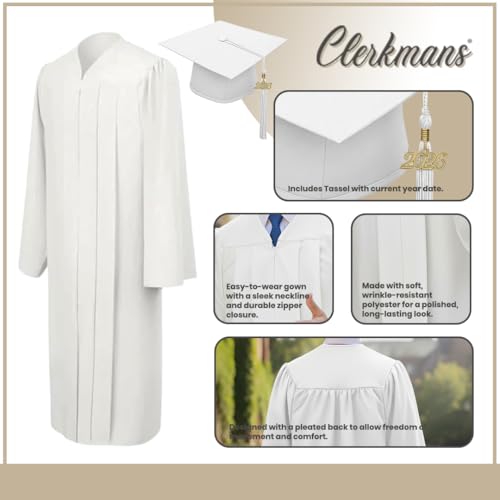 Image of CLERKMANS Unisex Matte Graduation Cap Gown Tassel Package, High School and University