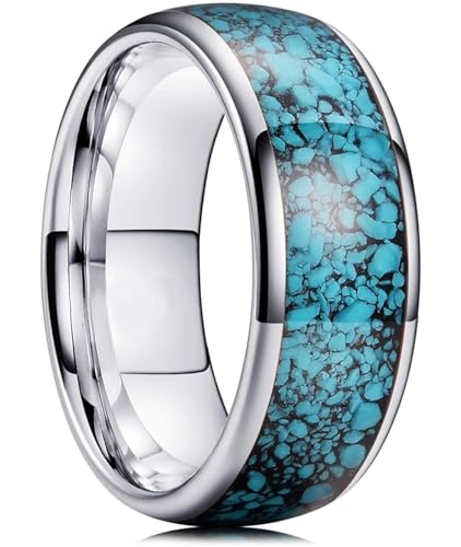 (8mm) Unisex or Men's Tungsten Carbide Wedding Ring Band. Domed Silver Tone Ring with Blue Turquoise Granules Inlay. One Year Warranty Included.