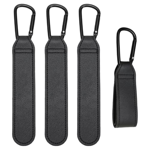 Juego de 4 ganchos universales para cochecito – Portabolsa antideslizante con mosquetones (5 kg) – Compatible con bolsa de pañuelo, carrito y bicicleta, material de poliuretano ecológico (Negro)