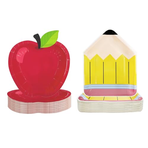 YQUQWN 50 PCS Back to School Red Apple Pencil Paper Plates, First Day of School Plates Table Decorations Party Supplies, Red Apple Pencil Tableware for Kindergarten Kids Back to School Party