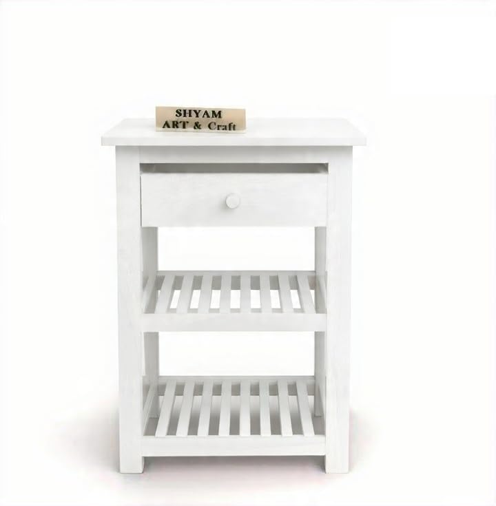 Image of SHYAM ART & CRAFT Solid Sheesham Wood Bedside Table with 2 Shelf & Drawers Storage for Bedroom Living Room Hall | Wooden Furniture Night Stand End Table for Home Office Hotels | White Finish