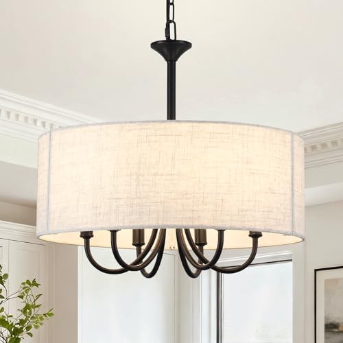 BYKWRTV Drum Chandeliers for Dining Room 6-Light Black Farmhouse Chandelier Linen Pendant Light 18 Round Chandelier Hanging Light Fixture for Bedroom Living Room Foyer