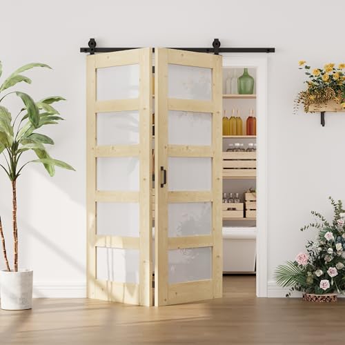 Image of 60 inchx80 inch 5-Lite Frosted Glass Bifold Barn Door with 64 inch Track Kit, Pine Slab