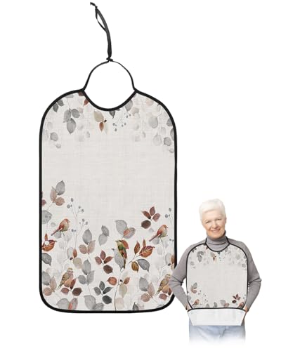 LEOKOTI Pastoral Botanical Adult Bibs for Eating, Waterproof Bibs with Food Catcher & Adjustable Snap Closure, Brown Grey Leaf Farmhouse Rustic Washable Clothing Protectors Adult Bibs for Elderly