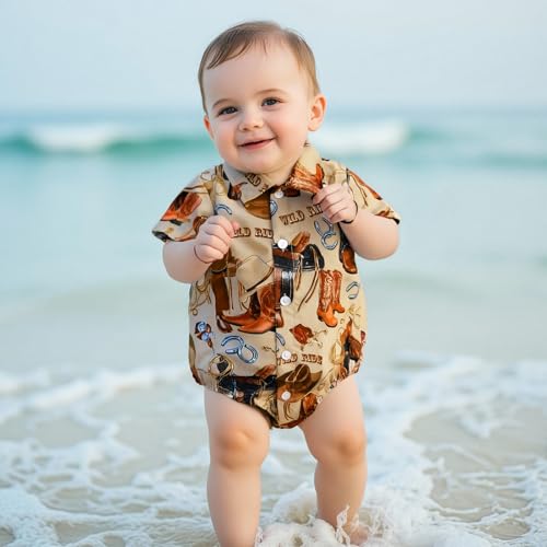 Newborn Baby Boy Western Clothes Button Down Short Sleeve Shirt Romper Lapel Collared Bodysuit Country Style Outfit4