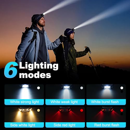 Lampe Frontale Rechargeable 2 pièces, 2000 Lux Superbrighte LED Puissante avec Voyant Rouge,6 Modes d'Éclairage,Capteur Mouvement, Affichage de Puissance IPX4 Étanche Lampe Frontale Running, Camping – Image 3