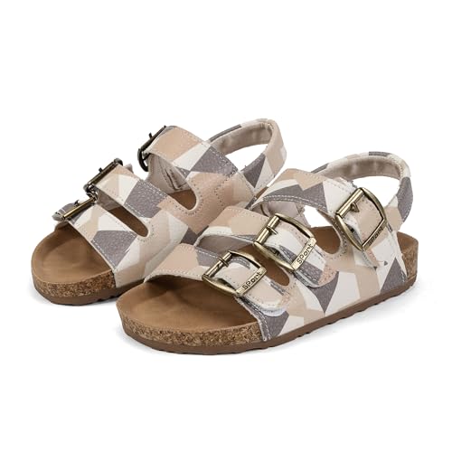Kids Cork Footbed Sandals, Camo Print Design, Adjustable Buckle Straps, Beige and Gray