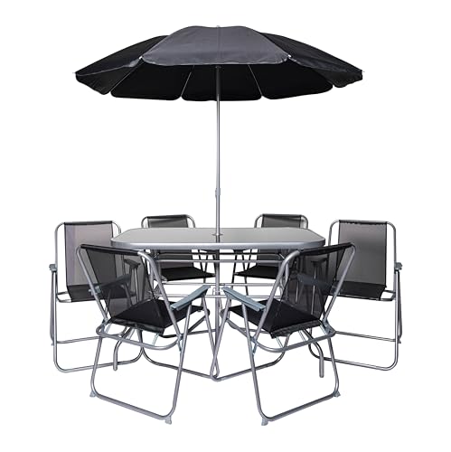 Samuel ALEXANDER 6 Person Garden Furniture Patio Set Table, 6 Chairs & Parasol with Black Glass