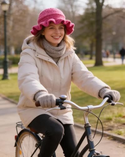 Image of Women Crochet Bucket Hat Cute Winter Ruffled Brim Floppy Cap Handmade Knit Cloche Hats