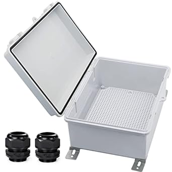 Waterproof Electrical Box with Mounting Plate 220x170x110mm, IP67 Junction Box Hinged Grey Cover ABS Project Boxes for Electronics DIY Enclosure with Wall Bracket and 2 Glands 8.7