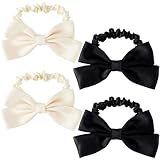 PAGOW 4 Pcs Bow Elastic Hair Ties, Sweet Bowknot Scrunchies, Satin Elastic Hair Bands, Cute Hair Accessories for Women Girls, Ponytail Holder Hair Ties for Thick Thin Hair (Black, Beige)