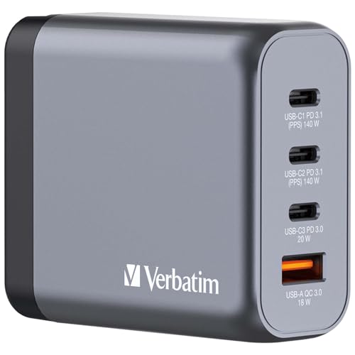 Verbatim GaN Charger 140 W, 4 Ports USB-C Ladegerät, Power Adapter mit 3 x USB-C und 1 x USB-A,...