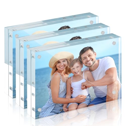 Image of HOUSE DAY Acrylic Picture Frames 5x7, 3 Pack Magnetic 5x7 Picture Frame, Double Sided Clear 5 x 7 Photo Frame with Microfiber Cloth, Frameless FreeStanding 5x7 Frame Gift for Desktop Display
