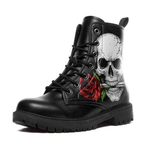 Image of Custom Black Combat Boots for Women Fashion Lace-Up Skull Rose Ankle Booties Chunky Heel Platform Leather Boots