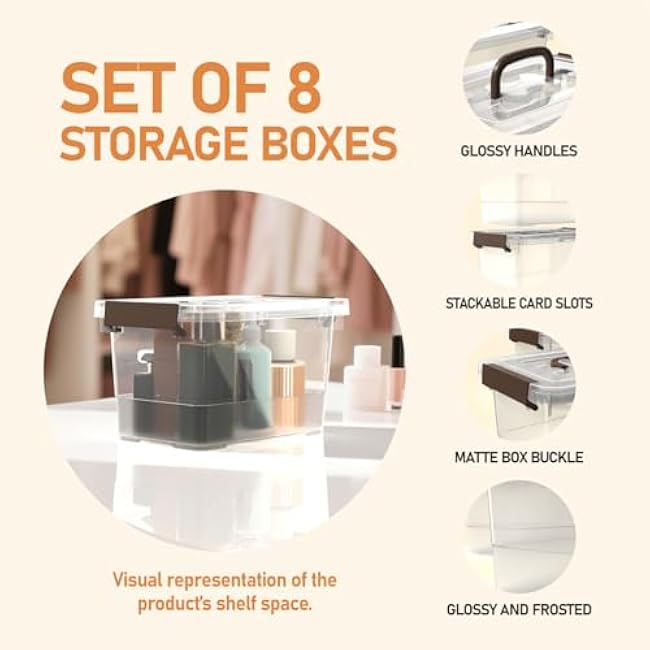 8 Pack Plastic Storage Latch Bins, 4 Quart Clear Plastic Handle Box with Lids and Handle, Multi-Purpose