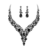 Clearine Wedding Bridal Jewellery Set Teardrop Rhinestone Cluster Statement Necklace Dangle Earrings Set Costume Jewellery for Women Black Black-Tone