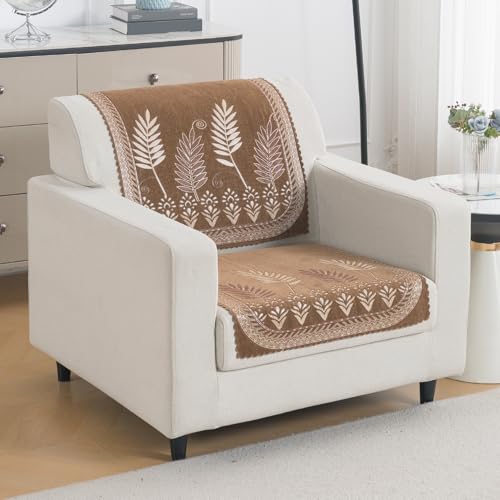 Image of HOKIPO Bagh Brown Premium Chenille Jacquard Sofa Cover for 1 Seater for Seat & Back, 'Royal Aangan Series' (IN-1006-L6*2)