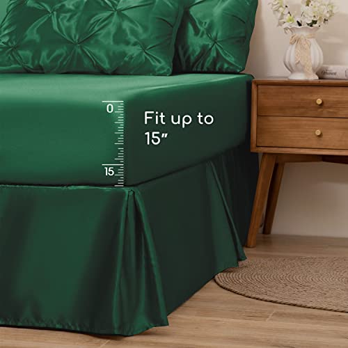 MR&HM Satin Comforter Full 7 Pieces - Luxurious Pinch Pleat Bedding Set with Comforter, Flat Sheet, Fitted Sheet, Pillowcases & Shams, Super Silky Soft Bed Set for All Season (Full, Dark Green)