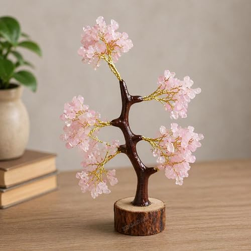 Image of Rose Quartz Crystal Tree with 300 Chips | 11 Inch Vastu Feng Shui Healing Stone Tree for Love, Wealth & Positive Energy | Spiritual Healing Crystal Bonsai Tree for Office & Living Room