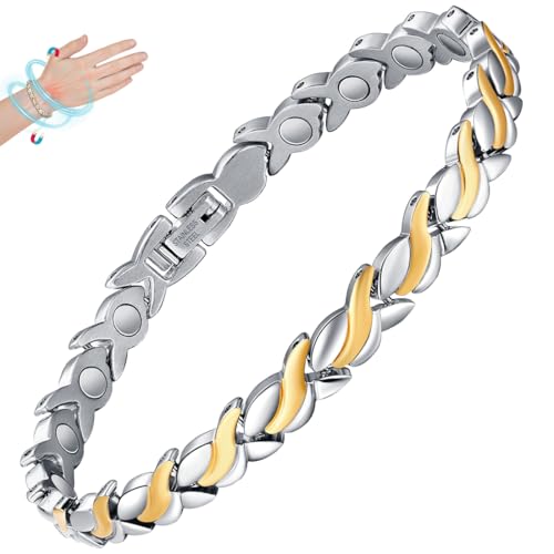Pulsera magnética de drenaje linfático ajustable en acero de titanio con caja de regalo