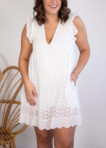 Image of Women's Summer Dress with Built in Shorts Sexy Summer V Neck Ruffle Sleeve Lace California Romper Dresses for Women