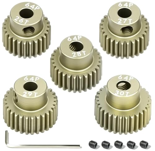 Image of 5Pcs 64P Aluminum Alloy Pinion Gear Set 3.175mm 26T 27T 28T 29T 30T Motor Pinion Gear W/ M4 Screw and Hex Key, Fit 3.175mm (1/8-Inch) Shaft, for Arrma HPI Kyosho Losi Axial Traxxas Tamiya 1/10 RC Car