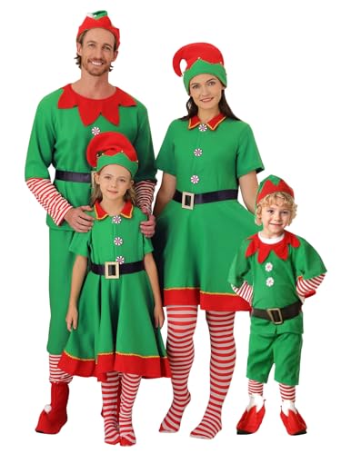 URMAGIC Christmas Elf Costumes Family Matching Green Fancy Dress Elf Outfits for Women Kids Men Adult Xmas Suit