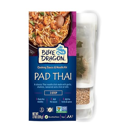 Blue Dragon 3 Step Pad Thai Kit, Pre-portioned sachets of sauce, dried rice noodles, dried garlic chives, and chopped peanuts for a perfect mild to medium Pad Thai, 7.7 Ounce (Pack of 6)