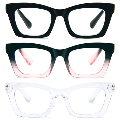 KoKoBin 3 packs lunettes de lecture anti-lumière bleue,Femmes Poids léger Branches a Ressort informatique Lunettes Loupe Lunettes de Vue carré (Noir Noir Rose Transparent, 2.50, Dioptres)