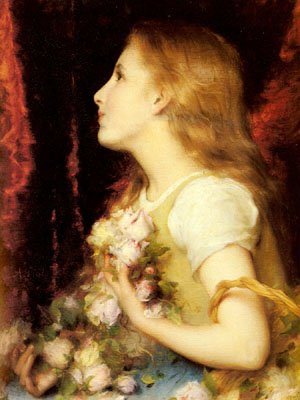 Peinture à l'huile A Young Girl with A Basket de Flowers Piot toile tableau decoration 12x16