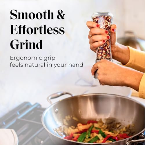 Willow & Everett Salt and Pepper Grinders - Set of Premium Stainless Steel Mills w/Stand – Tall Shakers w/Adjustable Coarseness - Salt & Pepper Mills w/Lids